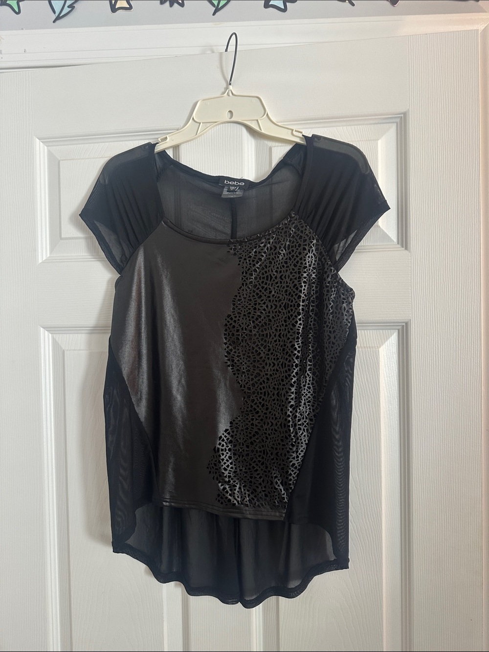 bebe Black Mixed-Media Short Sleeve Sheer Panel Top